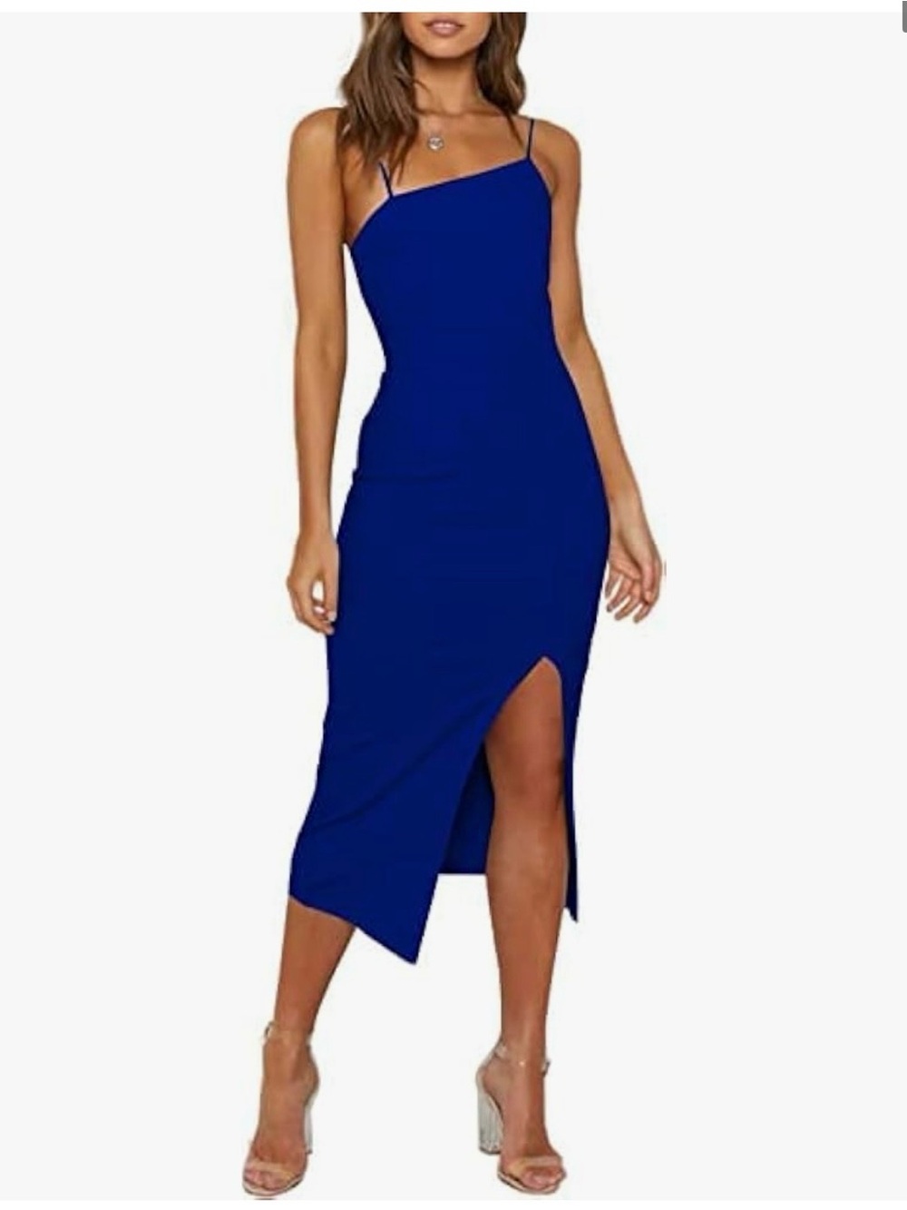 Royal Blue Asymmetrical Midi Dress with Spaghetti Straps